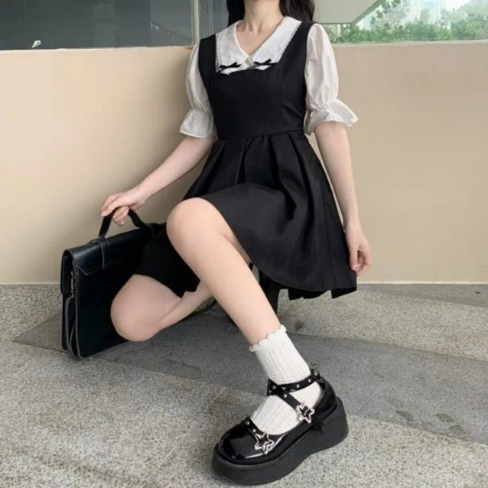 Puff-Sleeve Bow Blouse / Mini A-Line Overall Dress